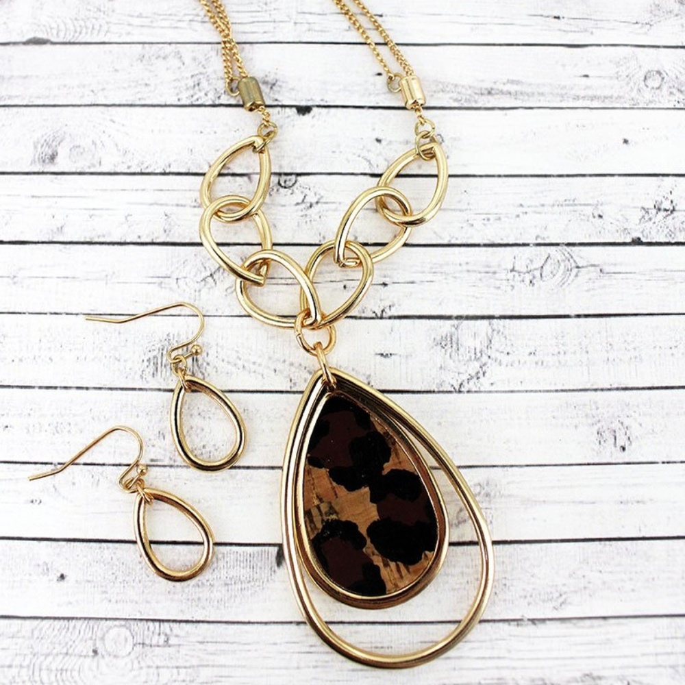 GOLDTONE & LEOPARD CORK ORBITAL TEARDROP SET